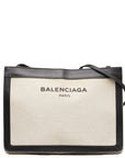 Valenziaga Navy Posket Pulled Shoulder Bag 339937 White Black Canvas Leather  BALENCIAGA