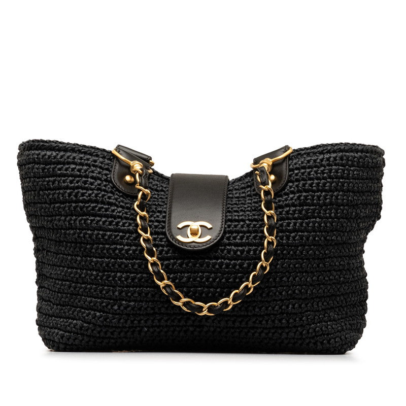 Chanel Coco Chain Tote Handbag Navy Black Straw Leather  Chanel