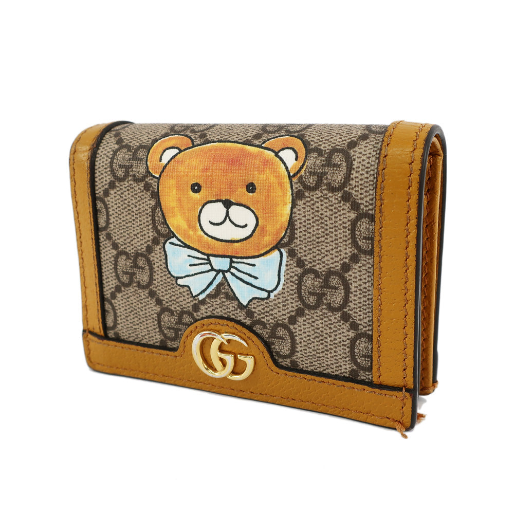 Gucci EXO KAI Collaboration Two Fold Wallet Teddy Bear GG Supreme Canvas Brown Gold  Snap Button Opening Leather Wallet