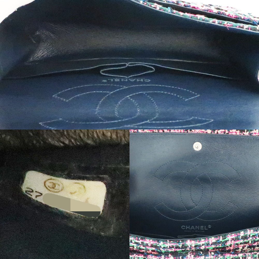 CHANEL 2.55 Chain Shoulder Bag Mini Flap Tweed Handbag 2WAY Check Red Pink Green Silver