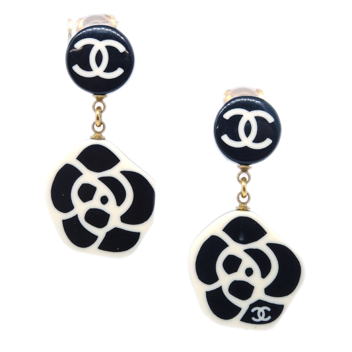 Chanel Camelia Dangle Earrings Clip-On Black 03P