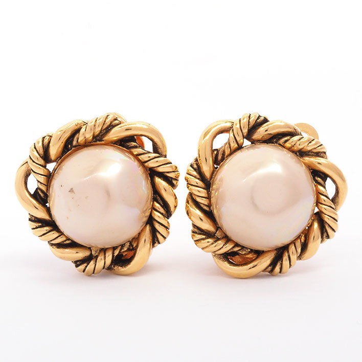 Chanel Vintage Faux Pearl Twisted Rope Border Clip-On Earrings