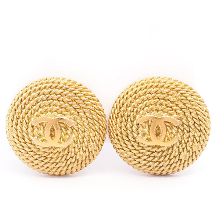 Vintage Chanel Earrings Coco Chanel CC Logo Rope Texture Round