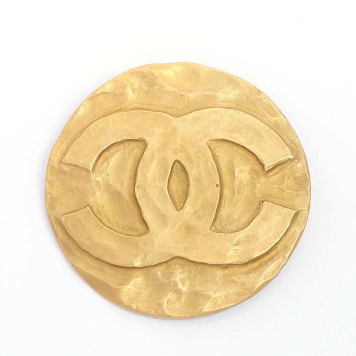 CHANEL Gold-tone Coco Mark Logo Rhinestones Vintage Round Pin Brooch Women  Y1807