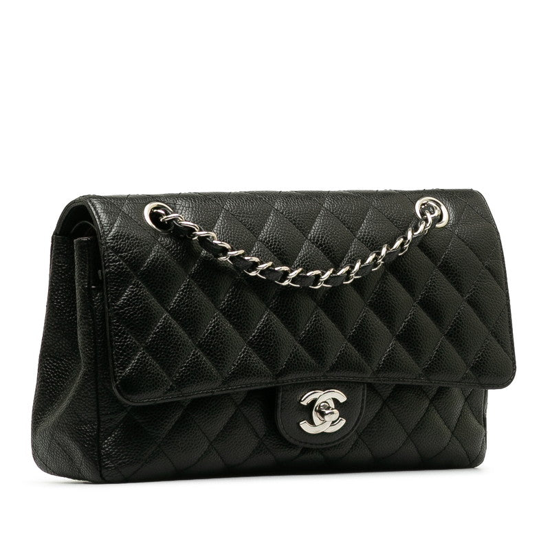 Chanel Matlasse 25 Coco Mark Double Flap Silver Metal Fittings Chain Shoulder Bag Black Caviar Skin