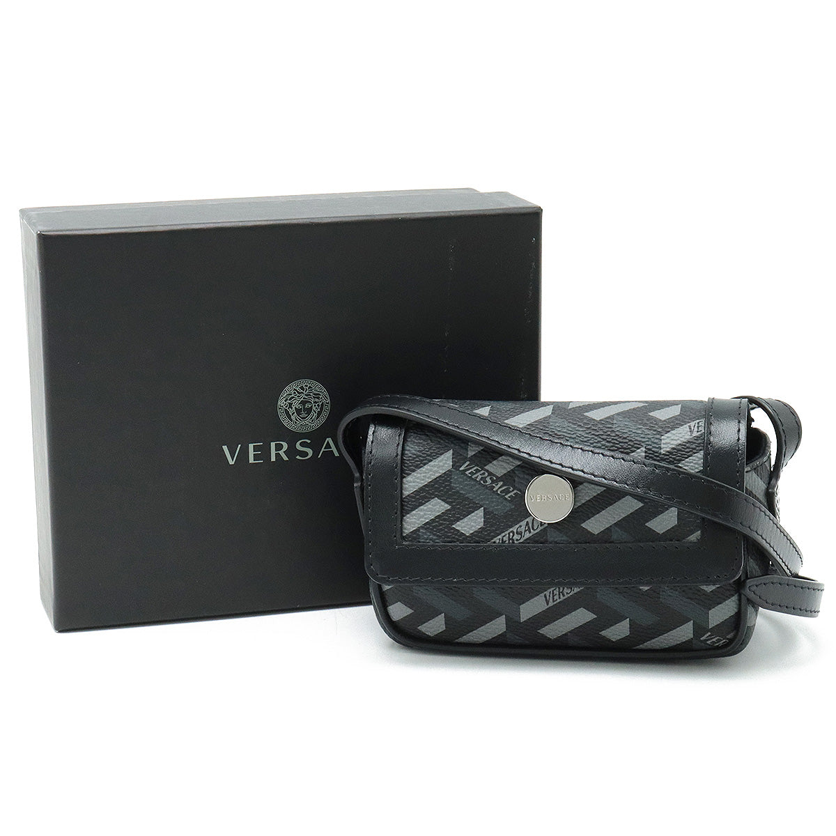 Versace Versace La Grecca Mini Shoulder Bag Pvc Leather Grey Black Black Silver Gold