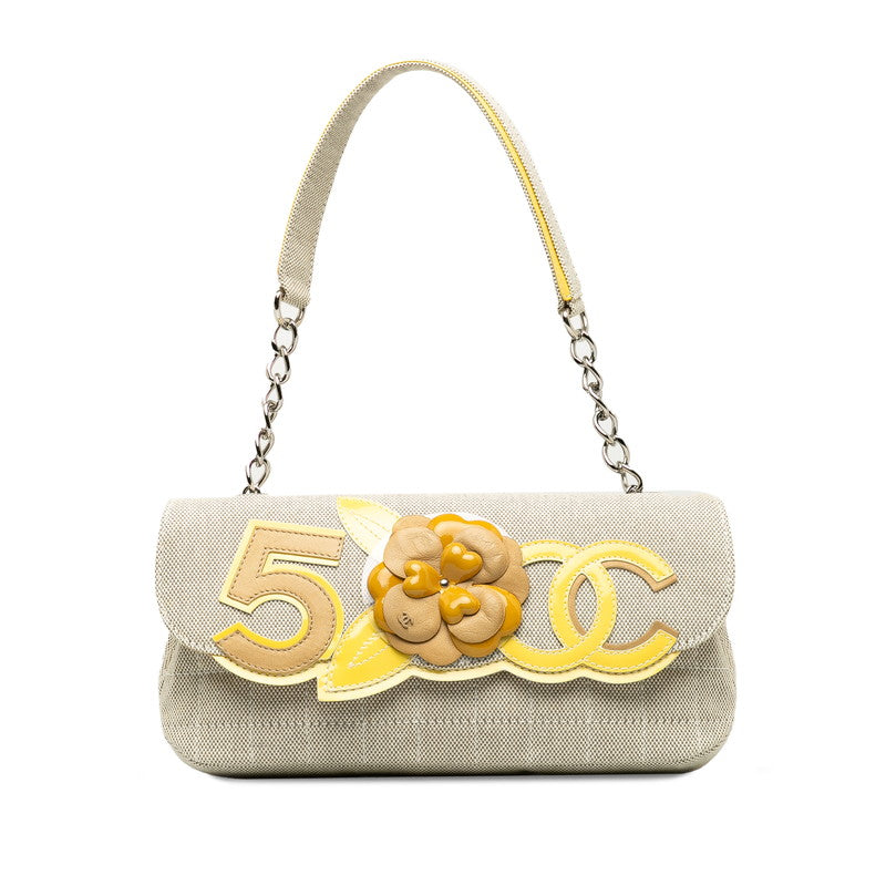 Chanel Cocomark Chocolate Bar Camellia Chain houlder Bag Beige Yellow Canvas Patent Leather Lady CHANEL