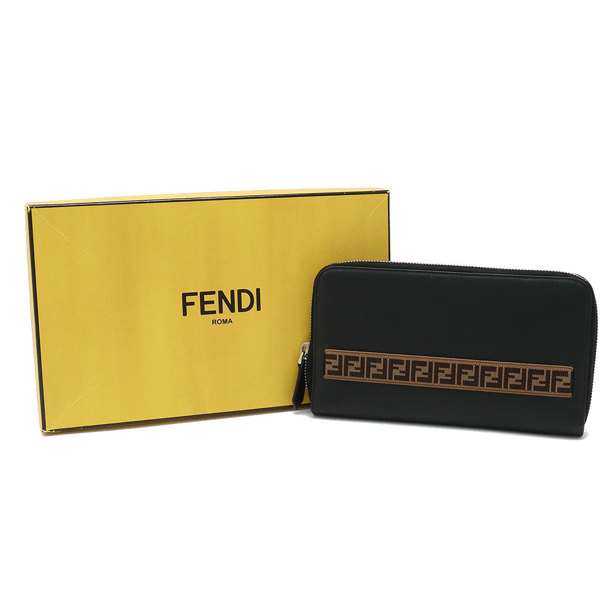 Fendi Roundfashner Long Wallet Travel Wallet Organizer Leather Black Black Silver Gold 7M0276