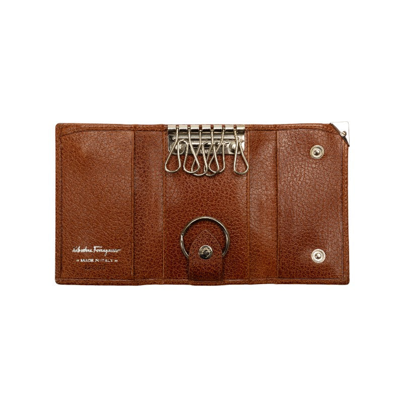 SalvatoreFerragamo Vintage F Gold  Keycase 6 sets 228105 Brown Leather  Salvatore Ferragamo