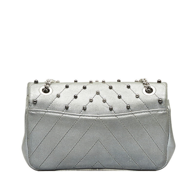 Chanel Chevron Coco Studded Chain Shoulder Bag Silver Leather Women's