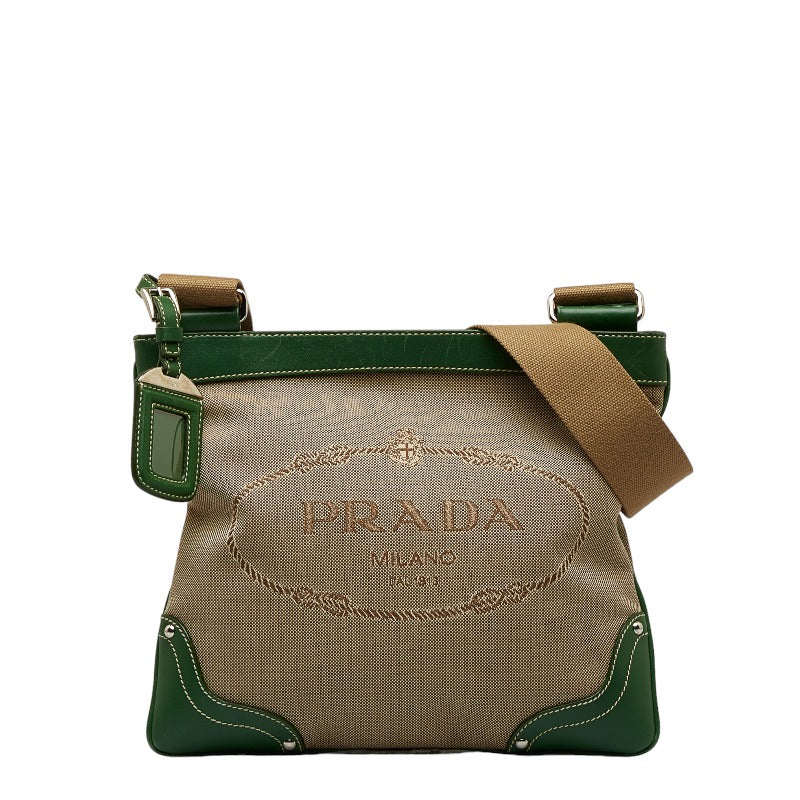 PRADA Prada Logo Jaguar BT0537 Shoulder Bag Canvas/Leather Green Beige  Stirling