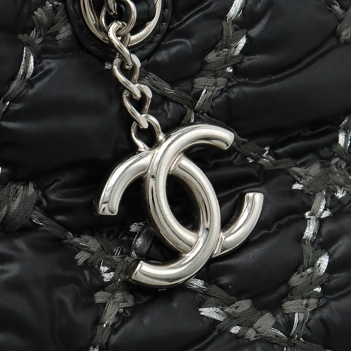 CHANEL CHANEL PARIVISANCE KILTING Chain Shoulder Bag Nylon Dark Grey Black Silver  A50633
