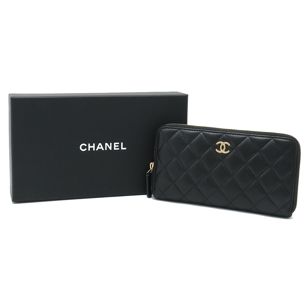 Chanel Wallet Inner Logo Kittening Round Fassner Long Wallet Ram Skin Leather Black Black Silver Gold  AP0041