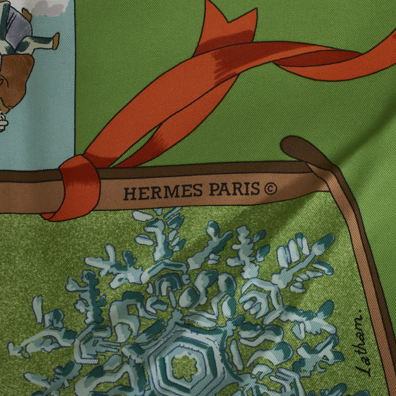 Hermes Carré 90 Neige d'Antan 去年的雪花圍巾綠色多色真絲愛馬仕
