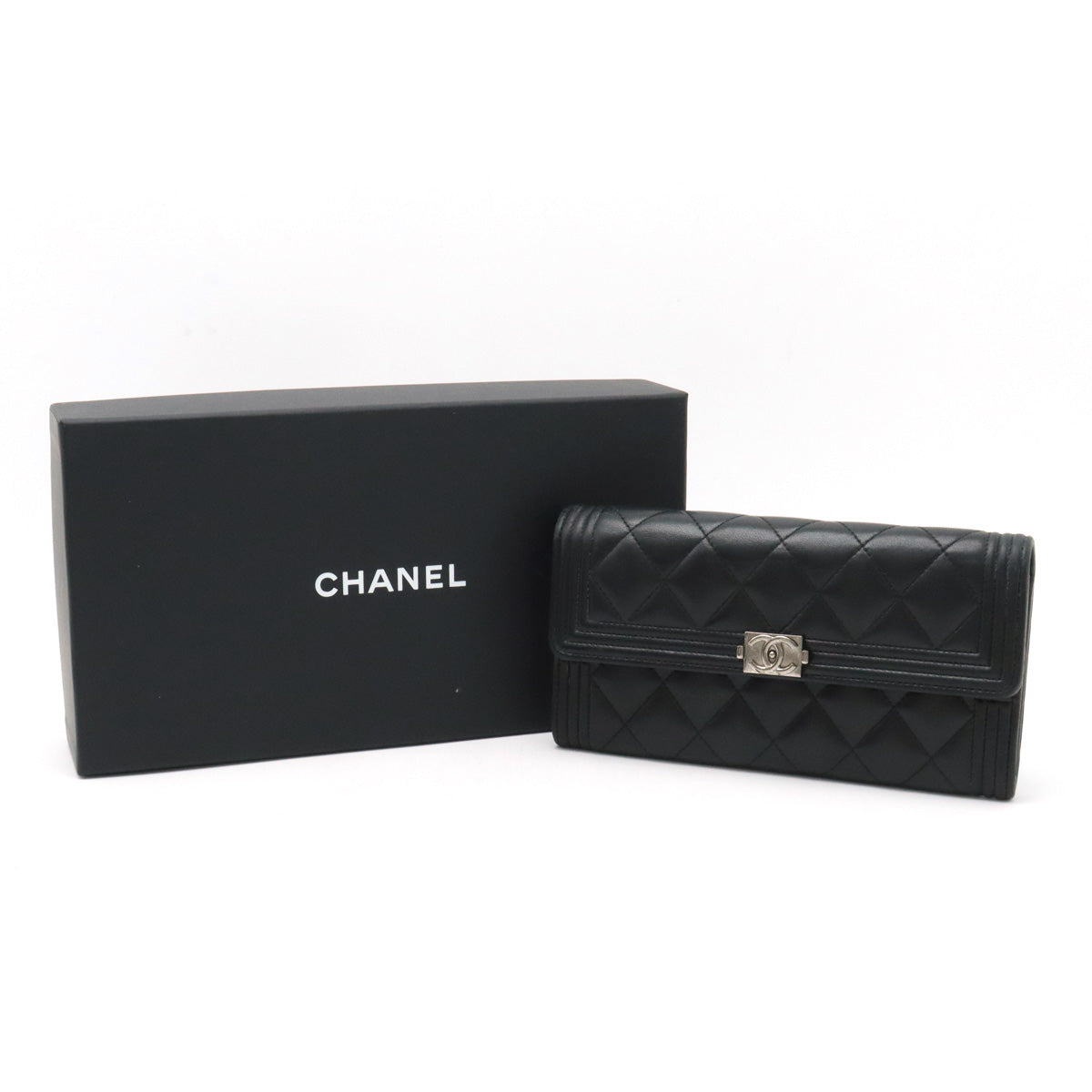 CHANEL CHANEL BOY CHANEL MATRASSES COCOMARK 2 Foldable Wallet 2 Foldable Wallet Leather Black Black Silver Gold  A80286