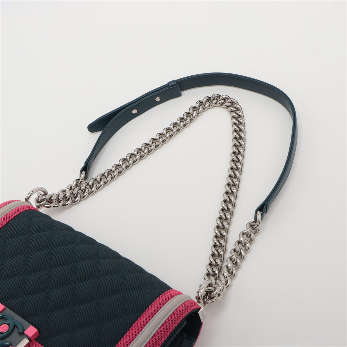 CHANEL Boy Chain Shoulder Bag in Nylon Navy Pink
