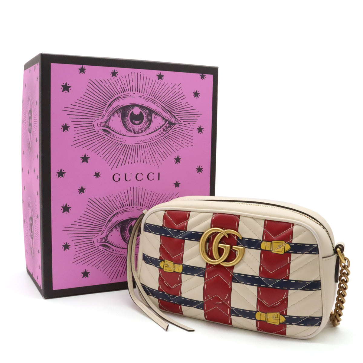 GUCCI Gucci GG Marmont Shoulder Bag  Chain Bag Belt Design  Leather Ivory Red 447632