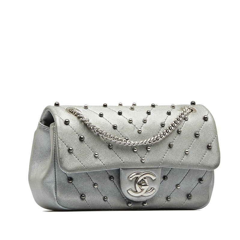 Chanel Chevron Coco Studded Chain Shoulder Bag Silver Leather Women&#39;s