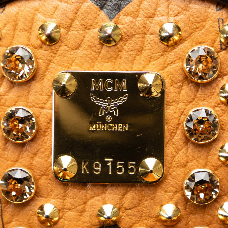MCM Mini Backpack Studded in Visetos Brown Leather