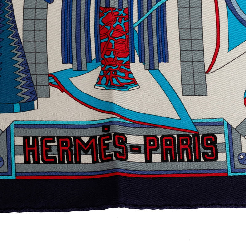 Hermes Carré 90 Le Grand Prix du Faubourg Forbes Grand Prix hirt Blue White Multicolor Silk  Hermes
