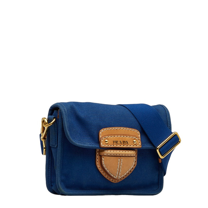 Prada Slipper Shoulder Bag Blue Brown Canvas Leather Ladies Prada