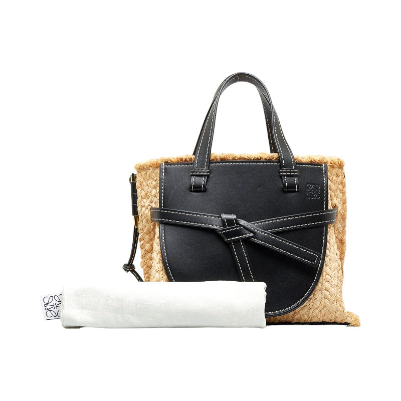 Loeb Anagram Gate Top Handle Handbag Shoulder Bag 2WAY 329.13.U61 Black Beige Leather Raphia Ladies LOEWE