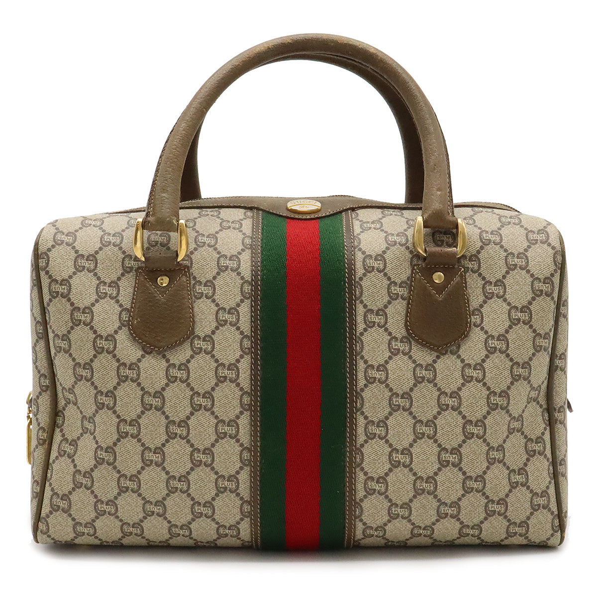GUCCI VINTAGE BAGS, brown leather with single top handle, padlock, key and  purse, iconic green and red decorations, 33cm x 22cm H x 15cm and another  brown suede with gold tone hardware