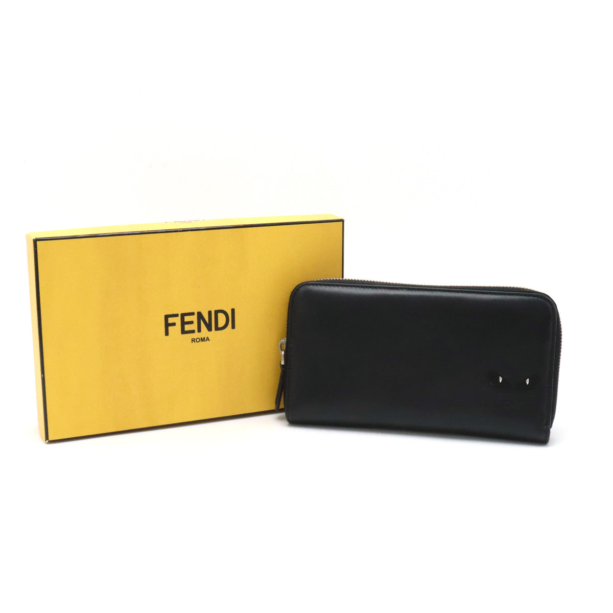 FENDI FENDI Monster Bugs Round Fassner Long Wallet Leather Black Black Silver Gold 7M0210