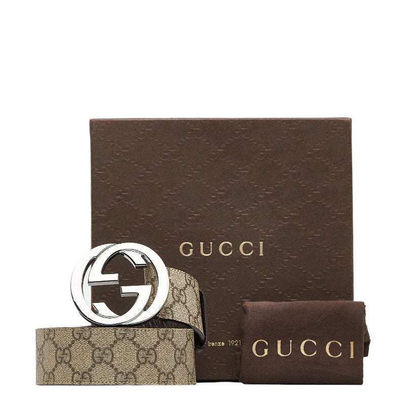 Gucci Interlocking G GG Sprime Belt 114984 Beige Silver PVC Leather Men Gucci Gucci