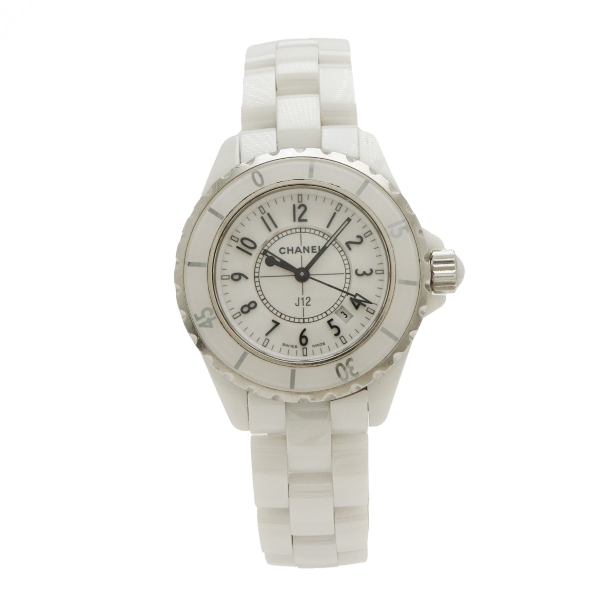 Chanel J12 White Ceramic White 33mm Date Lady QZ Quartz Watch H0968