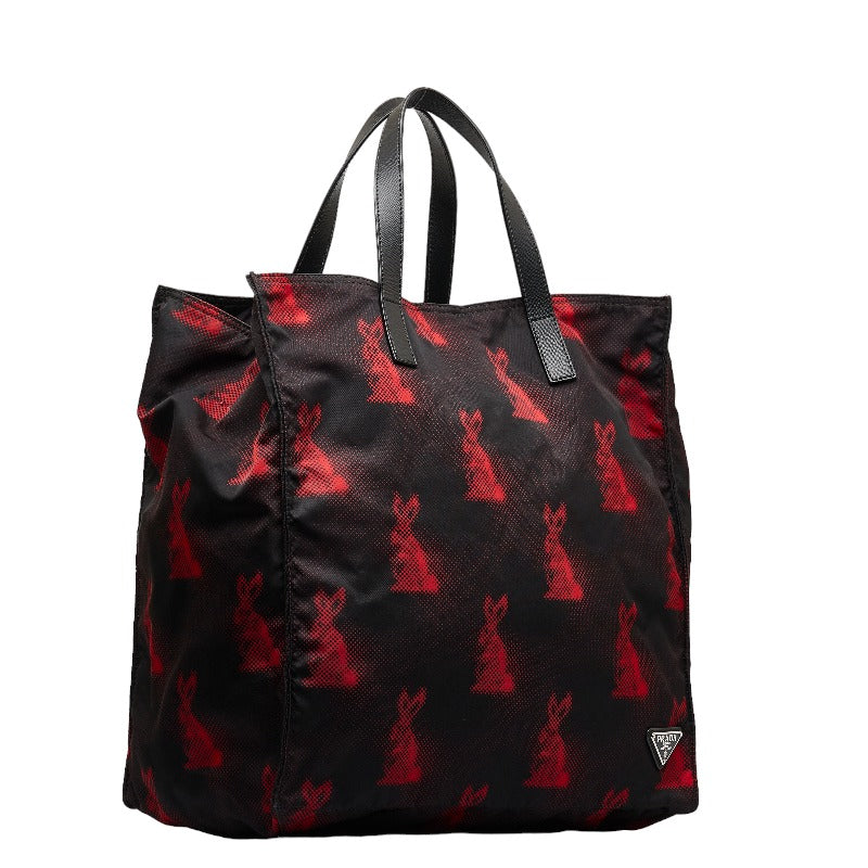 PRADA Nylon Tote Bag Rabbit Motif Red Black Ladies