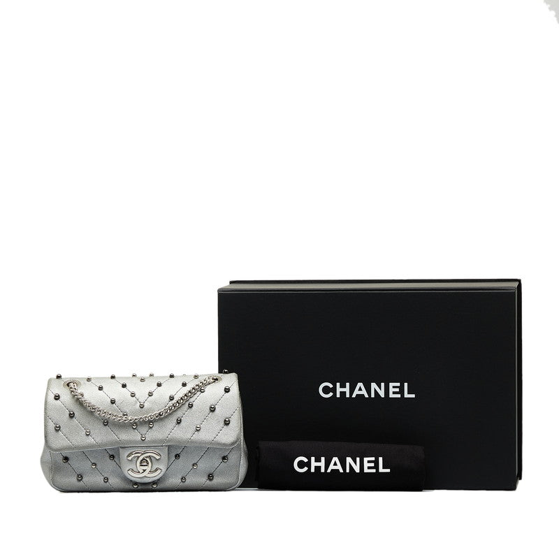 Chanel V Stitch Cocomark Chain Shoulder Bag Silver Leather