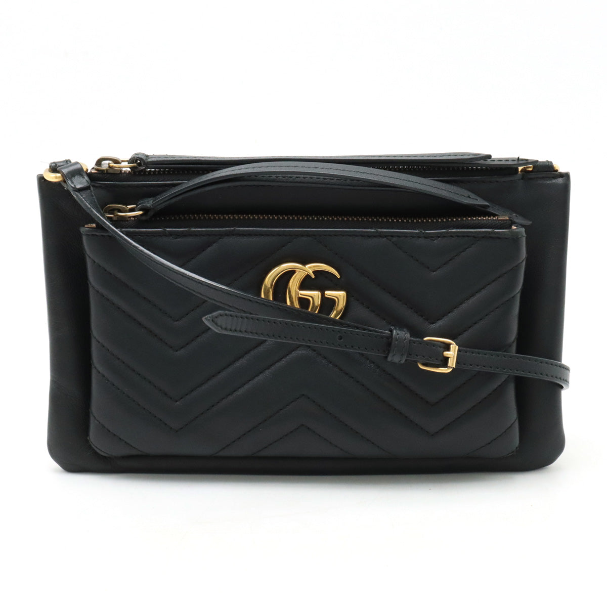 GUCCI Gucci GG Marble Shoulder Bag Pocket Sloping Kittening Leather Black Black Gold  453878