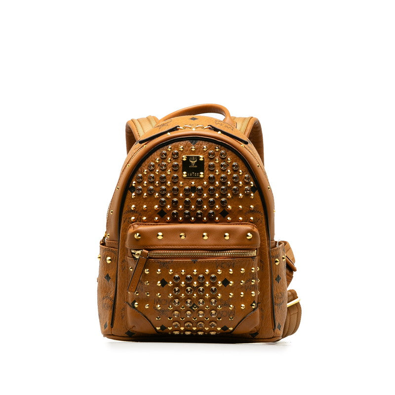 MCM Mini Backpack Studded in Visetos Brown Leather