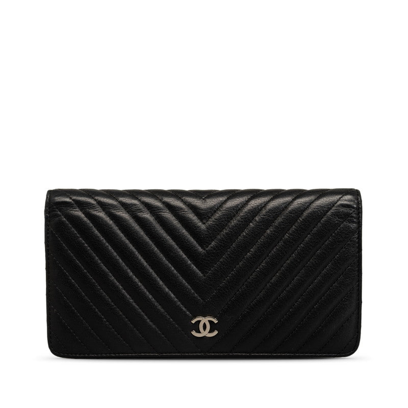 Chanel Chevron Cocomark V titch Long Wallet Black Silver   CHANEL