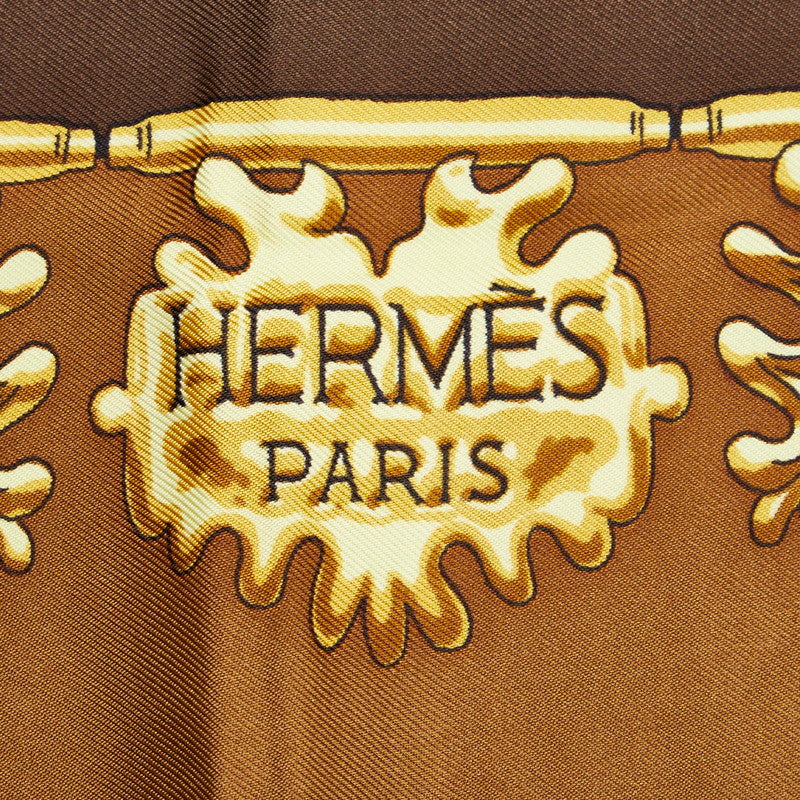 Hermes Carré 90 Les Cavaliers Dor Golden Knight 圍巾棕色多色真絲女士 Hermes