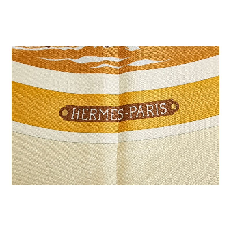 Hermes Carré 90 BELLE AMURES Sailing Aesthetics Sailing Ship Lighthouse Scarf Yellow Multicolor Silk  Hermes