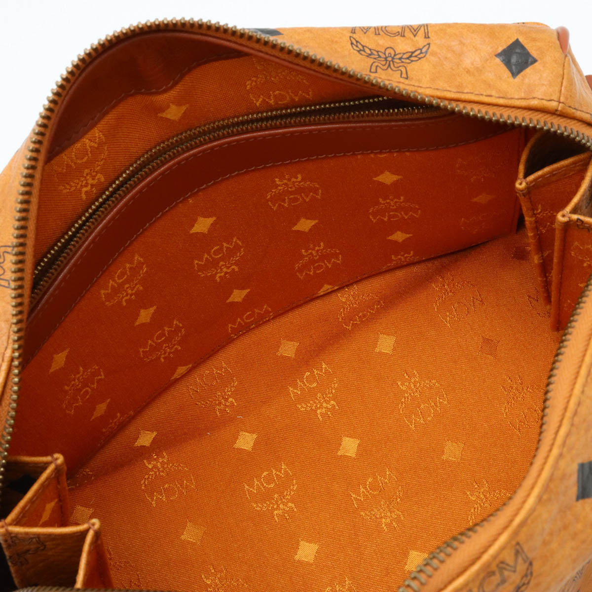 MCM Emsiem Logo Handbag Mini Boston Bag 2WAY Shoulder Bag PVC Leather Cognac Tea Brown Gold  Blumin