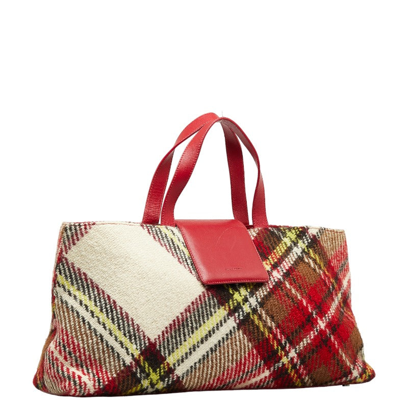 Burberry Check Handbags 2WAY Beige Red Wool Leather Ladies BURBERRY
