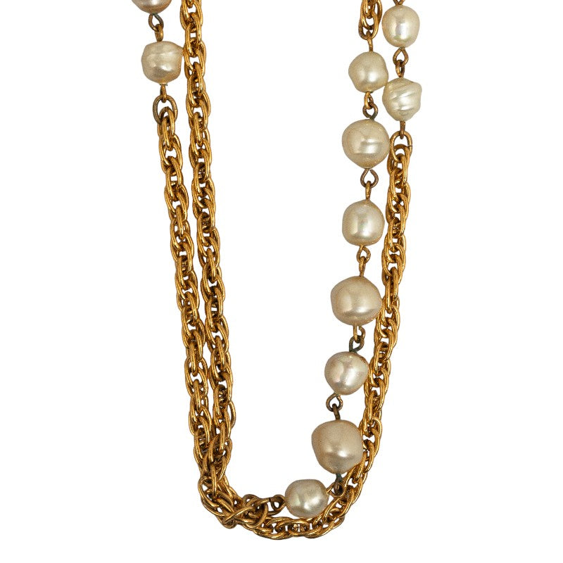 Chanel Coco Long Chain Necklace Gold White Mackie Pearl  Chanel
