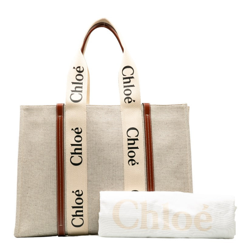 Chloe Woody Tote Bag CHC22AS Ivory Brown Canvas Leather