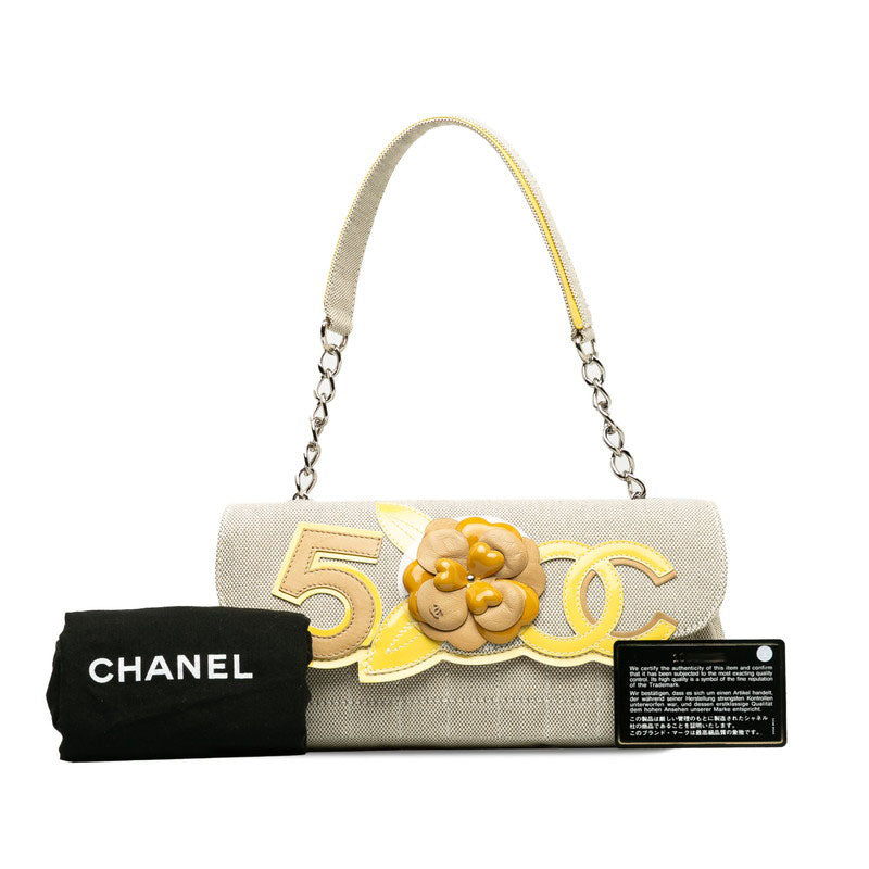 Chanel Cocomark Chocolate Bar Camellia Chain houlder Bag Beige Yellow Canvas Patent Leather Lady CHANEL