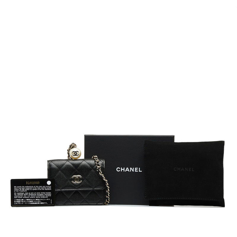 Chanel Matrases Cocomark Fake Pearl Chain CoinPars Card Case Black Caviar   CHANEL