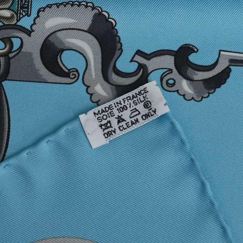 Hermes Carré 90 MORS ET GOURMETTES Horse Titles and Chains Shirt Light Blue Multicolor Silk  Hermes