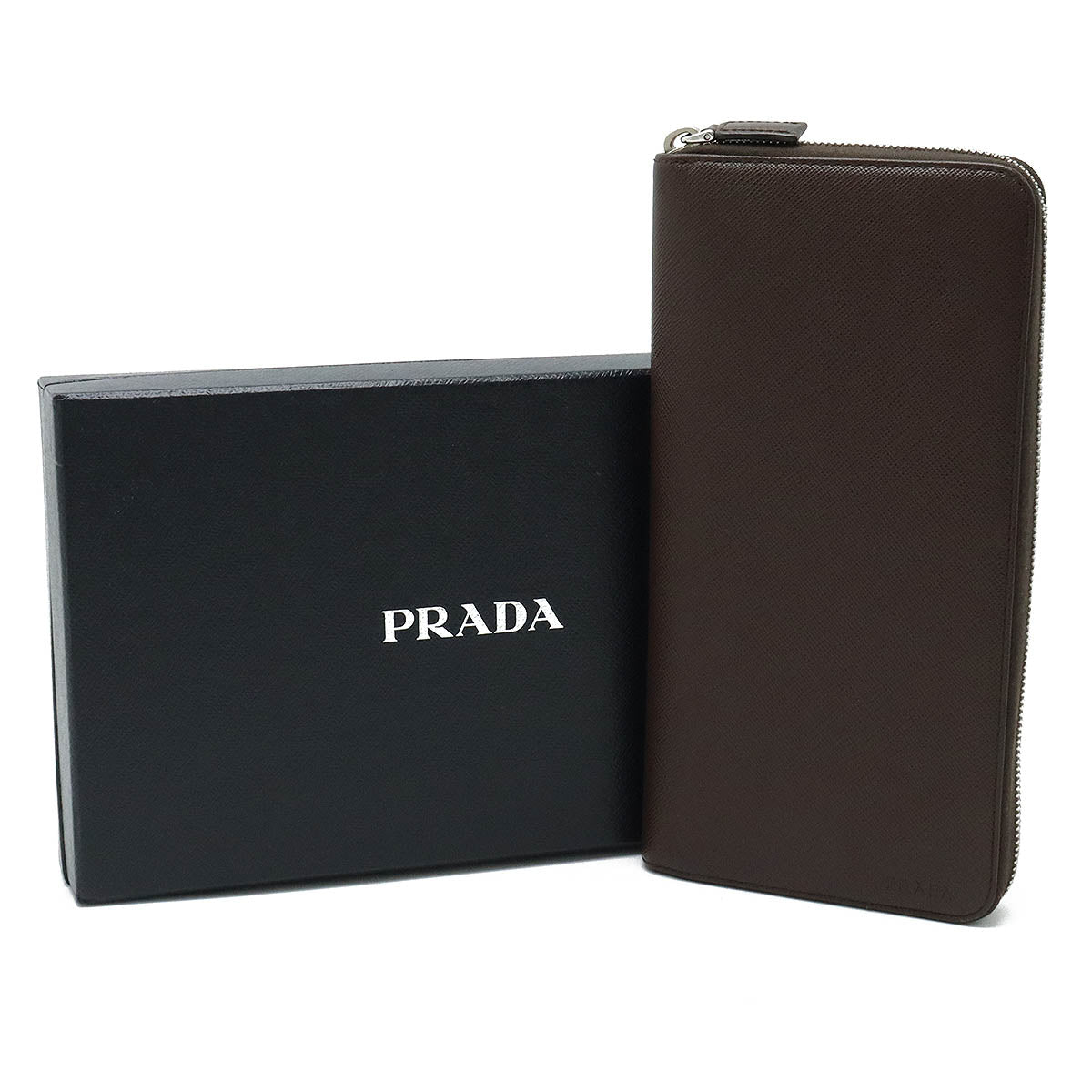 PRADA PRADA SAFFIANO1 Round FASNER Long Wallet Leather CAFFE Dark Brown Silver  Domestic Outlet Purchases 2ML220